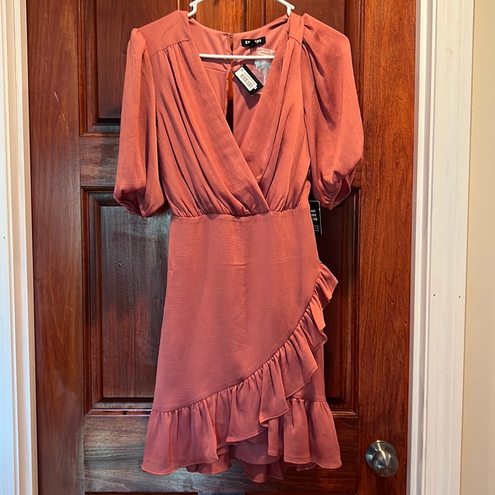 Express Satin Rose Ruched Wrap Front Ruffle Dress Size XS. New with tags